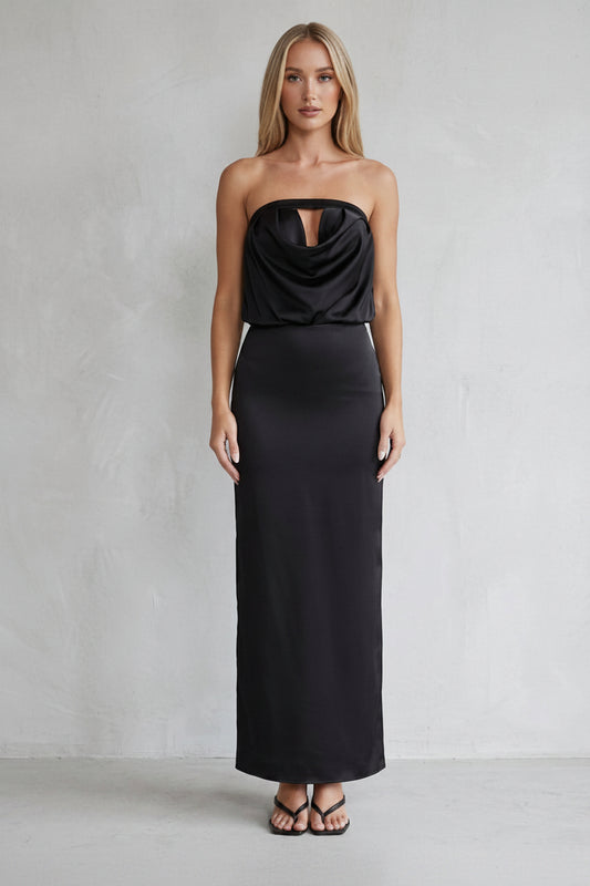 Elegant Sheath Strapless Cowl Neck Draped Open Back Black Floor-Length Prom Dress