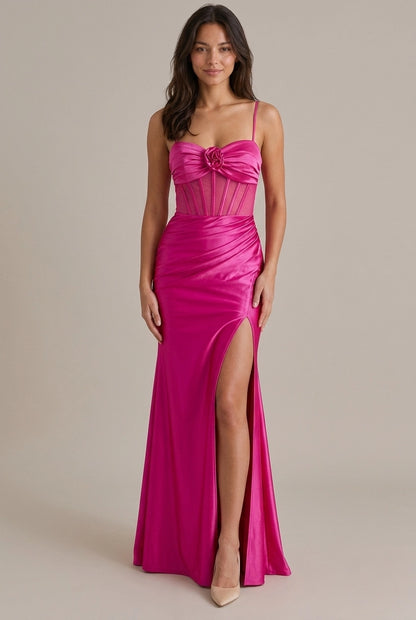 Elegant Sheath Sweetheart Corset High Slit Satin Hot Pink Floor-Length Prom Dresses