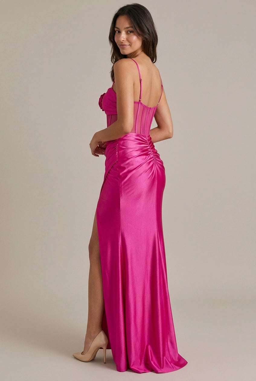Elegant Sheath Sweetheart Corset High Slit Satin Hot Pink Floor-Length Prom Dresses