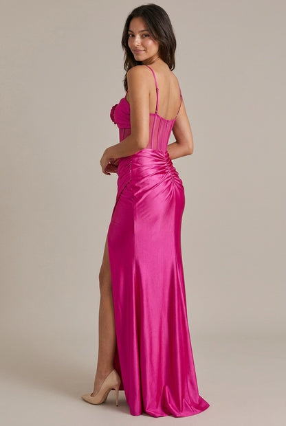 Elegant Sheath Sweetheart Corset High Slit Satin Hot Pink Floor-Length Prom Dresses