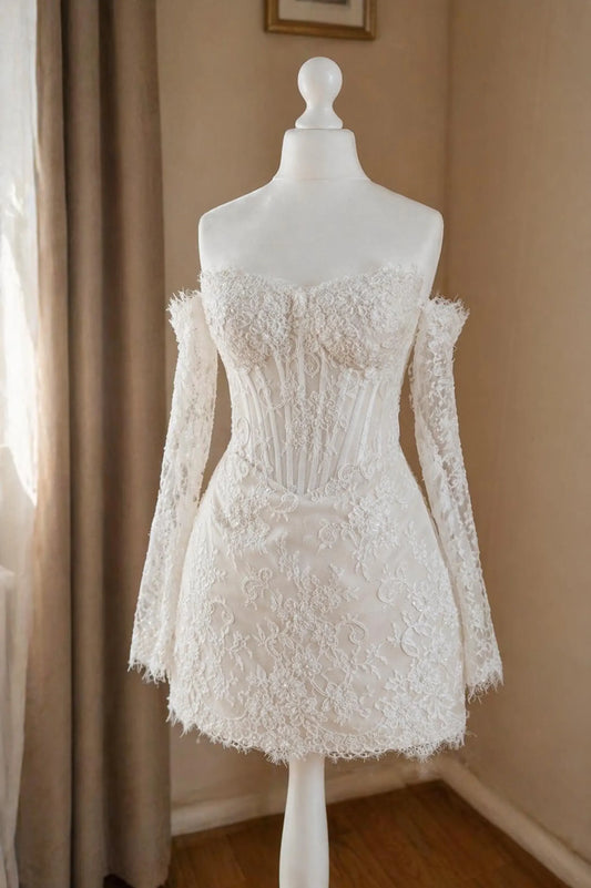 Elegant Sheath Sweetheart Off-Shoulder Long Sleeve Corset Lace Ivory Mini Homecoming Dress
