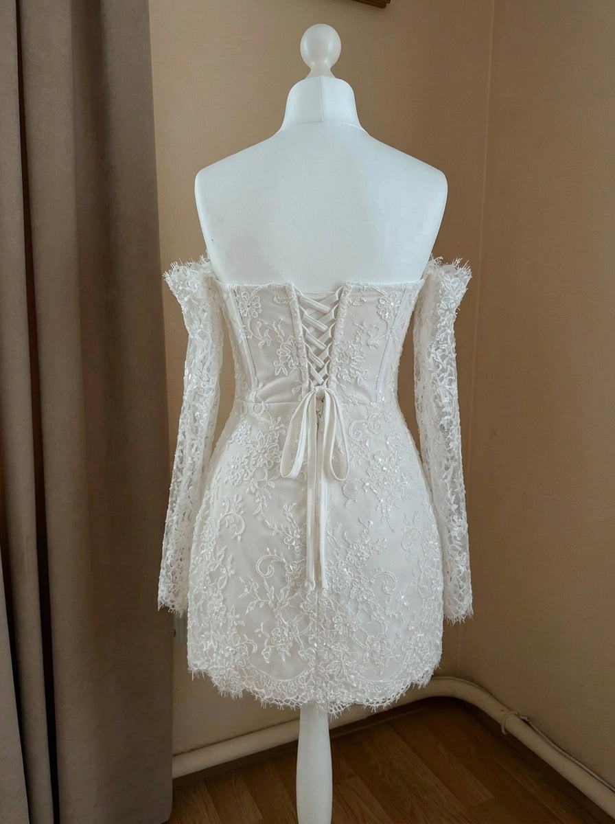 Elegant Sheath Sweetheart Off-Shoulder Long Sleeve Corset Lace Ivory Mini Homecoming Dress