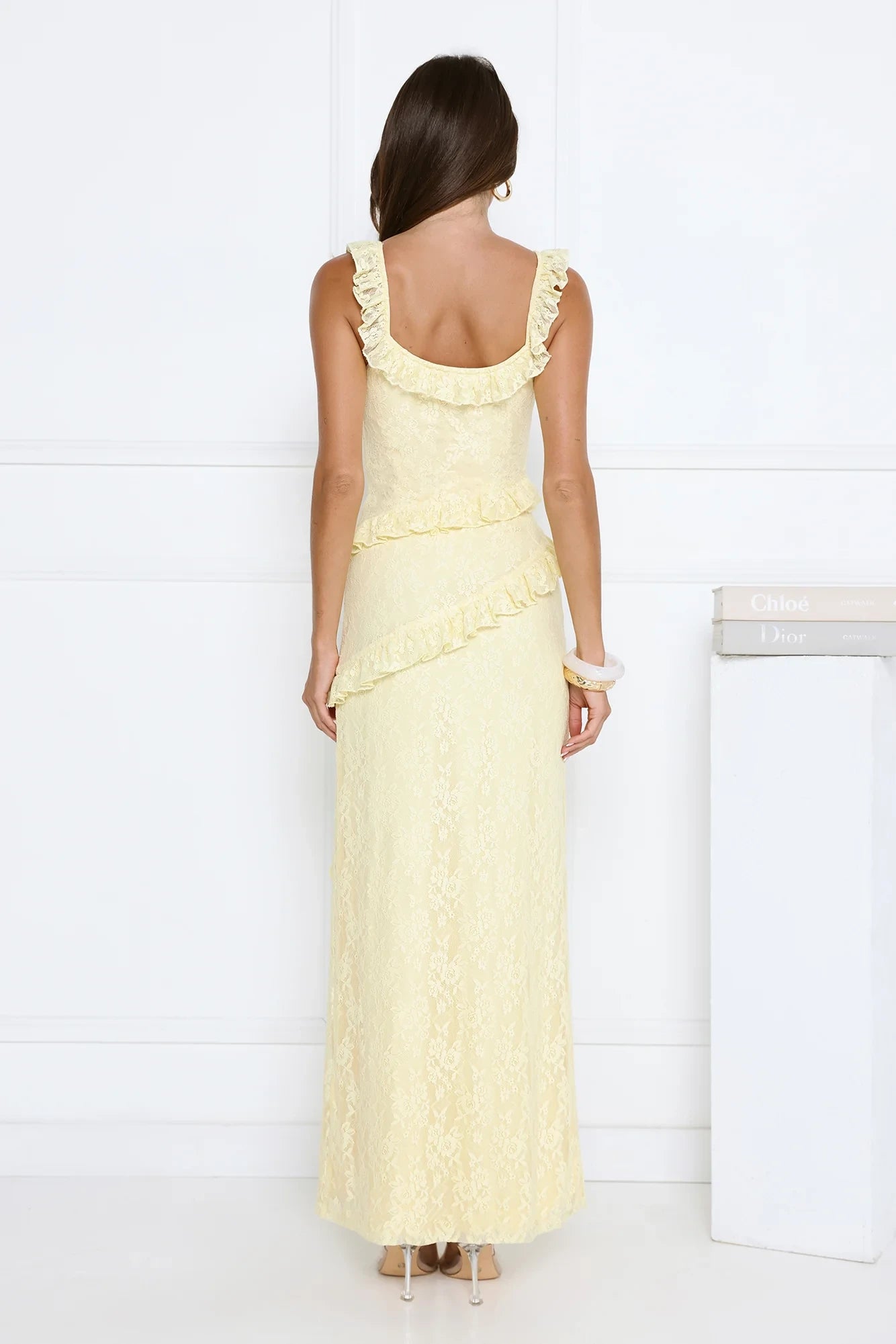 Elegant Sheath Sweetheart Ruffled Slit Floral Lace Yellow Maxi Prom Dress For Women
