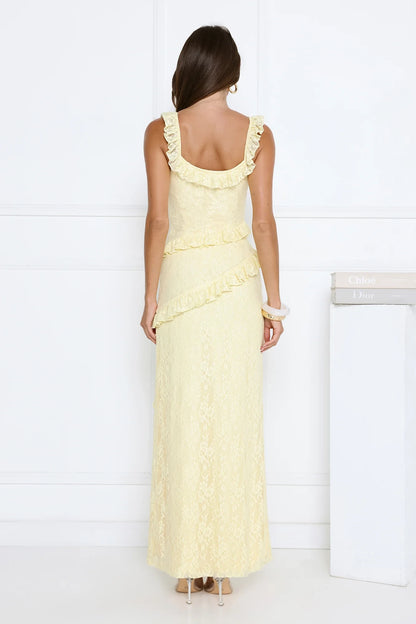 Elegant Sheath Sweetheart Ruffled Slit Floral Lace Yellow Maxi Prom Dress For Women