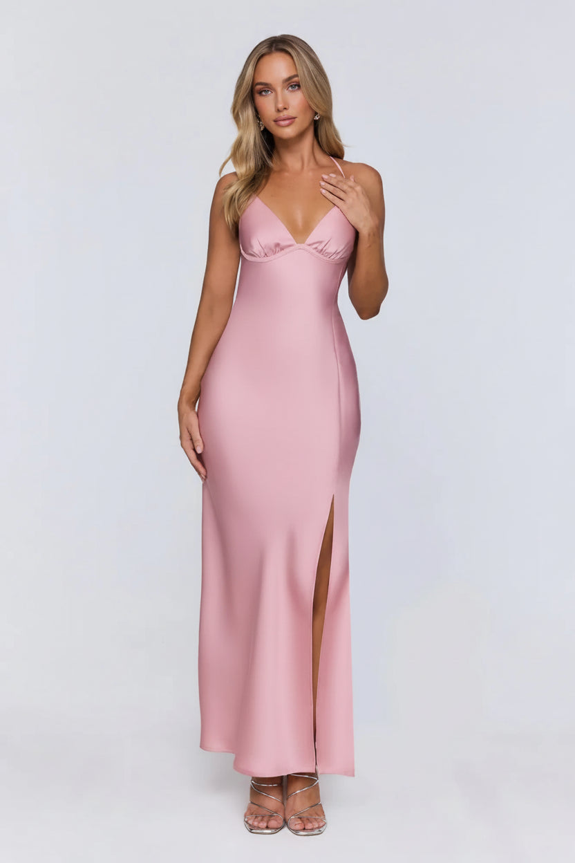 Elegant Sheath V-Neck 3D Flower Blush Satin Pink Floor-Length Prom Dress With Slit