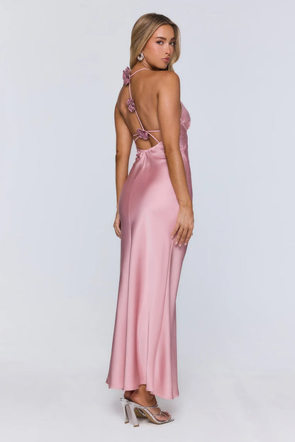 Elegant Sheath V-Neck 3D Flower Blush Satin Pink Floor-Length Prom Dress With Slit