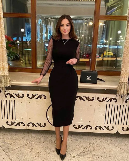 Elegant Slim-Fit Round Neck Long Sleeve Polka Dot Black Midi Evening Dress