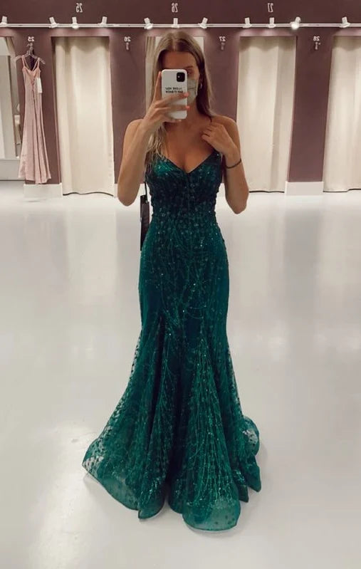 Elegant Sparkling Mermaid Sweetheart Sleeveless Emerald Green Floor-Length Evening Gown