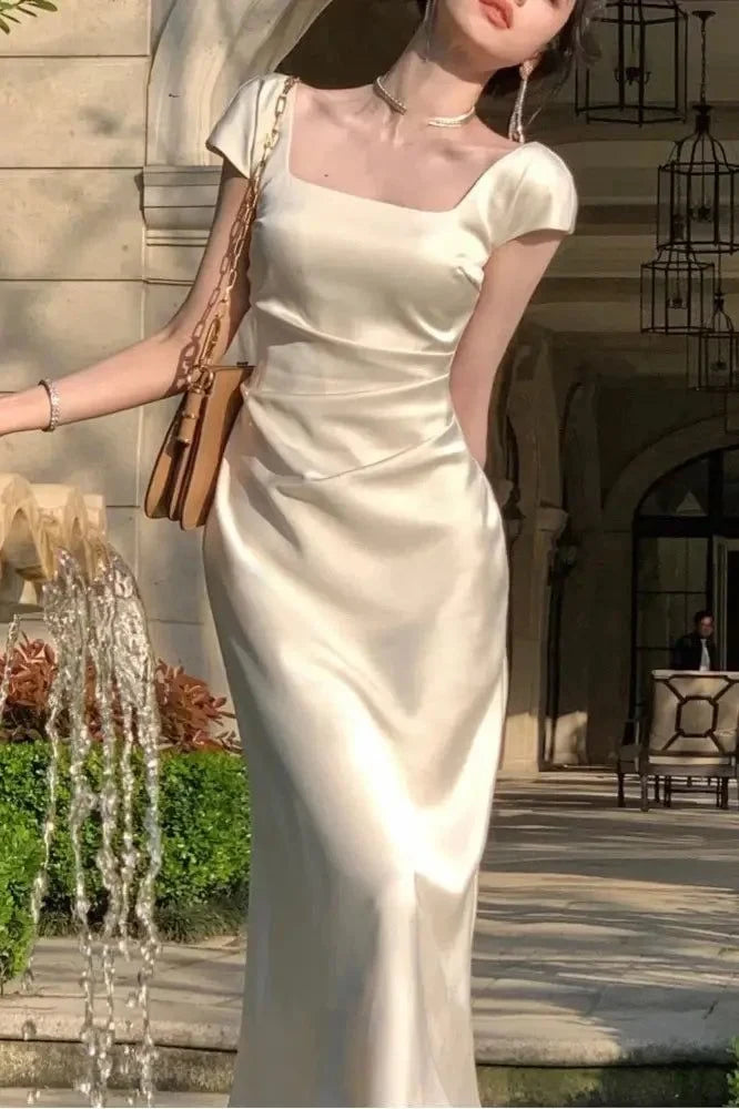 Elegant Square Neck Cap Sleeve Glamorous Cream Maxi Evening Dress Women's