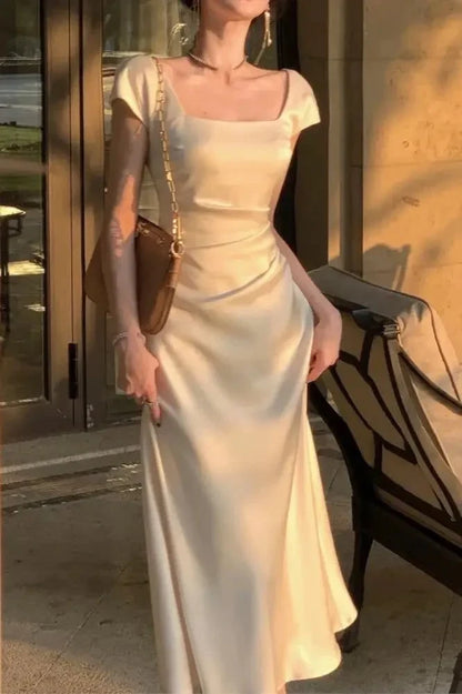 Elegant Square Neck Cap Sleeve Glamorous Cream Maxi Evening Dress Women's