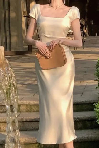 Elegant Square Neck Cap Sleeve Glamorous Cream Maxi Evening Dress Women's