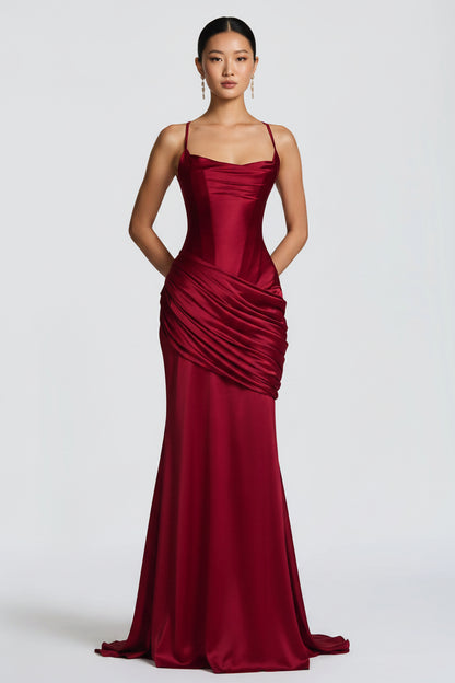 Elegant Trumpet Cowl Neck Draped Ruched Satin Burgundy Floor-Length Prom Dress