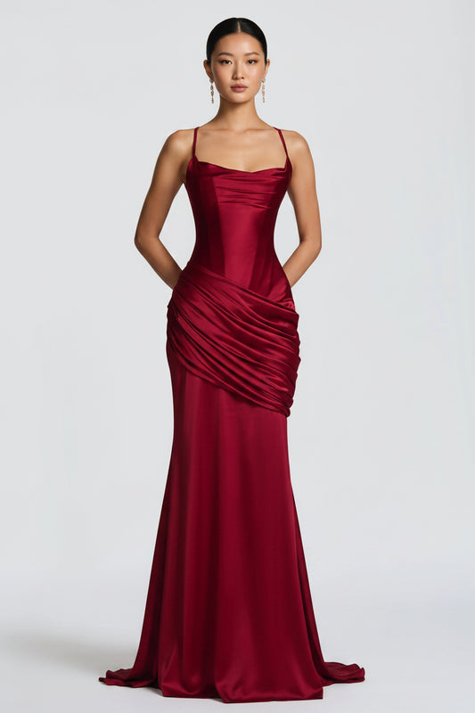 Elegant Trumpet Cowl Neck Draped Ruched Satin Burgundy Floor-Length Prom Dress