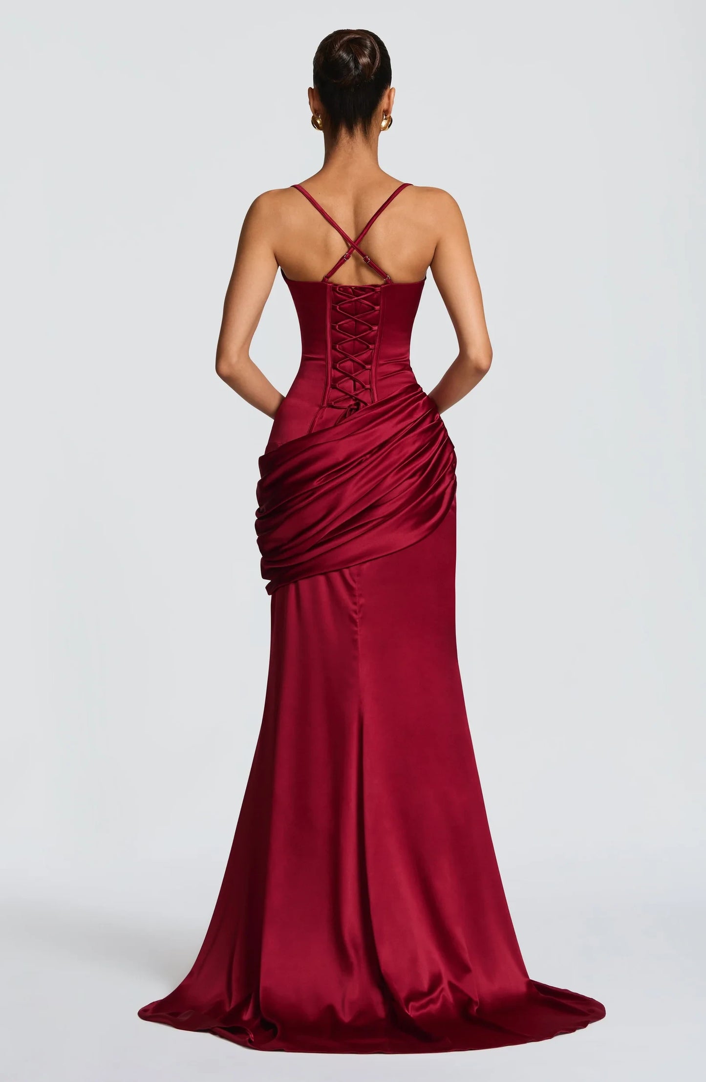 Elegant Trumpet Cowl Neck Draped Ruched Satin Burgundy Floor-Length Prom Dress