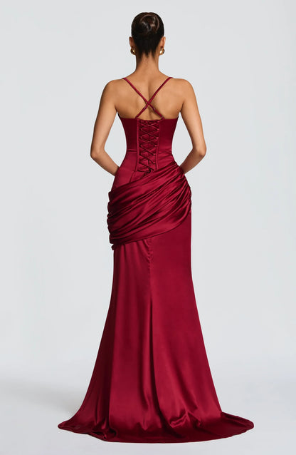 Elegant Trumpet Cowl Neck Draped Ruched Satin Burgundy Floor-Length Prom Dress