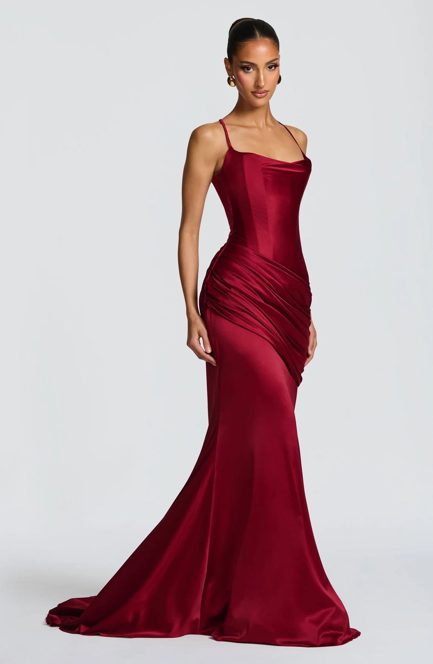 Elegant Trumpet Cowl Neck Draped Ruched Satin Burgundy Floor-Length Prom Dress