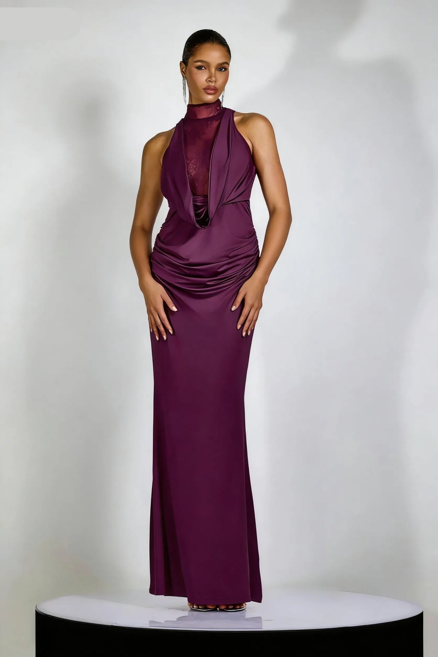 Elegant V Neck Sleeveless Sheath Satin Pleated Floor Length Prom Dress