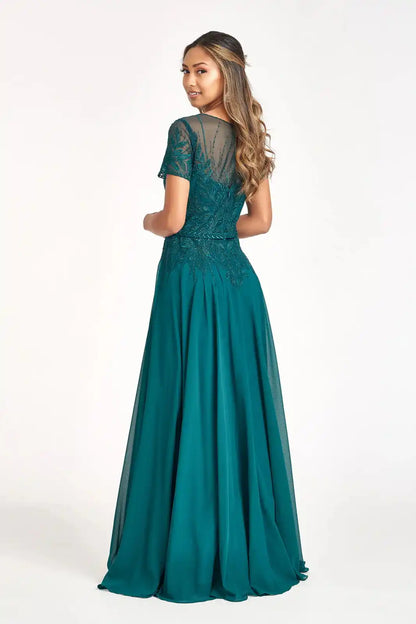 Embroidered Chiffon A-line Dress Short Sleeves and Waistband