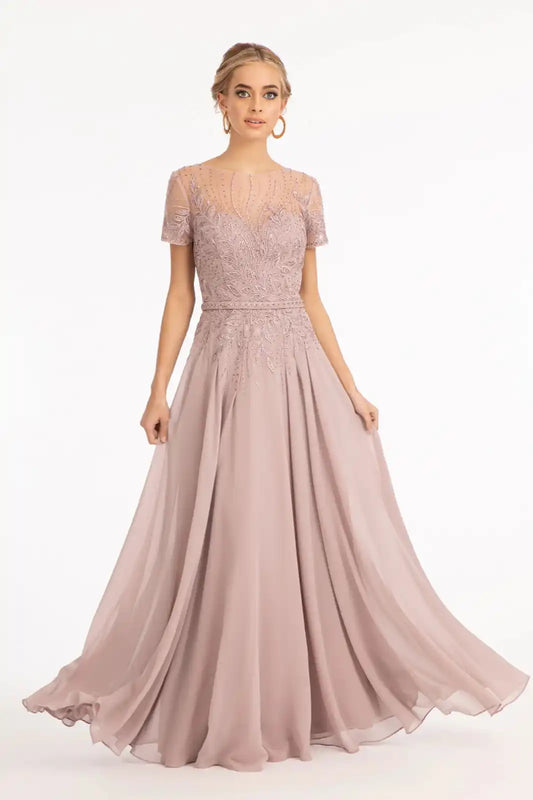 Embroidered Chiffon A-line Dress Short Sleeves and Waistband