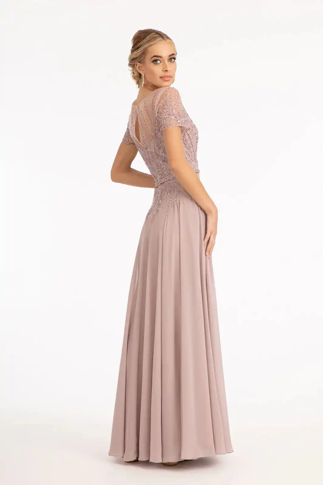 Embroidered Chiffon A-line Dress Short Sleeves and Waistband