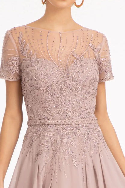 Embroidered Chiffon A-line Dress Short Sleeves and Waistband