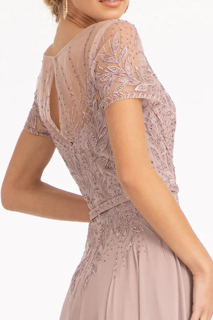 Embroidered Chiffon A-line Dress Short Sleeves and Waistband