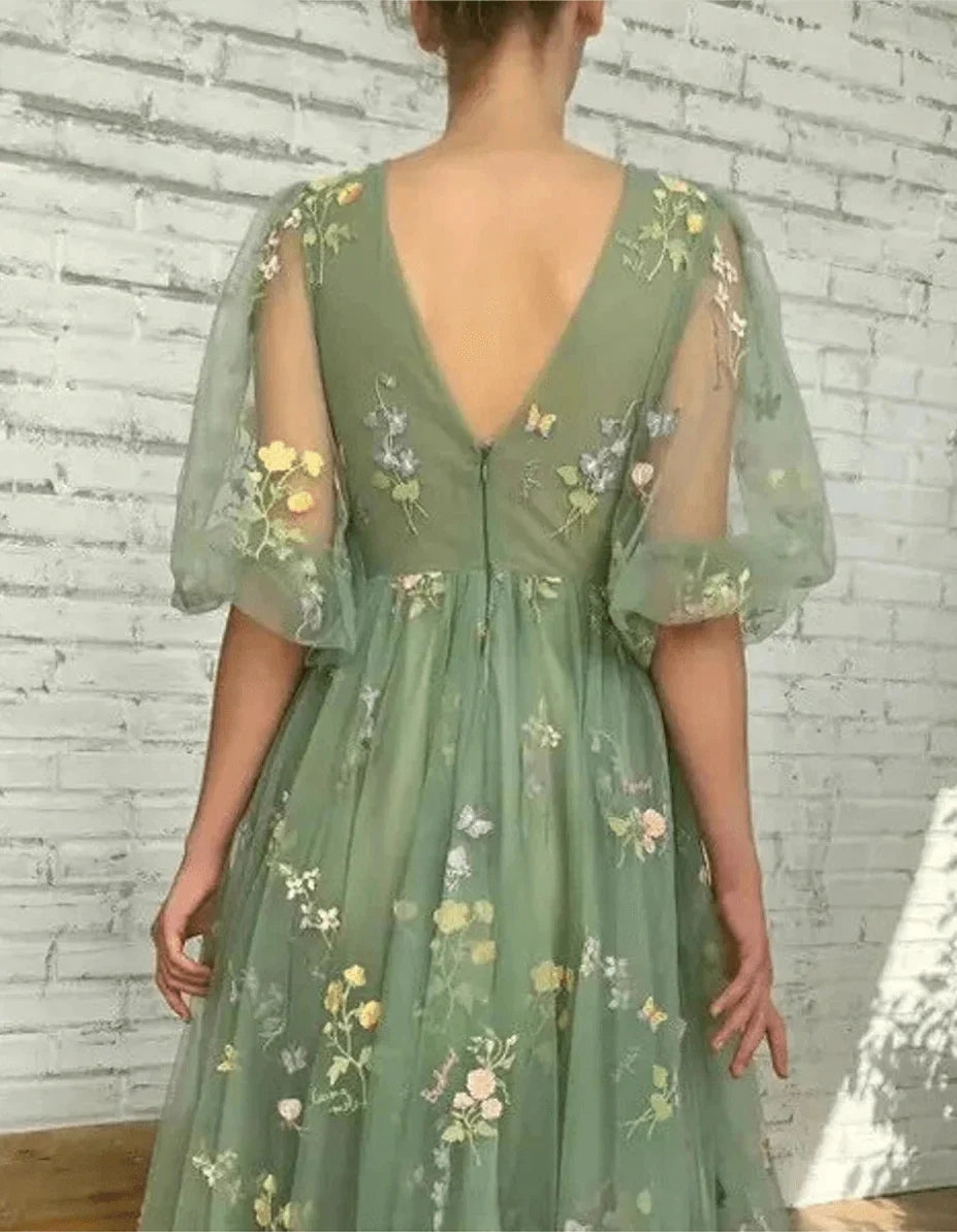 Embroidered Sage Green Prom Dresses Floral Half Sleeves Flower Maxi Dress