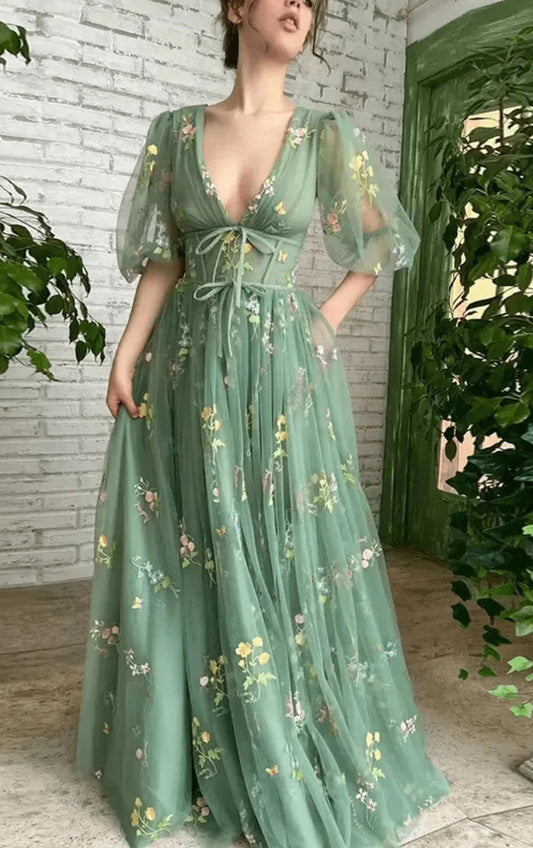 Embroidered Sage Green Prom Dresses Floral Half Sleeves Flower Maxi Dress