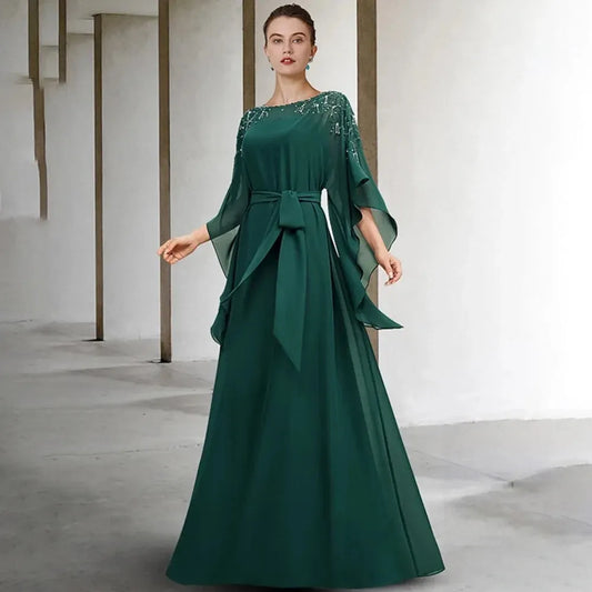 Dark Emerald Beaded Neck Cape Sleeve Belted Chiffon A-Line Formal Evening Gown