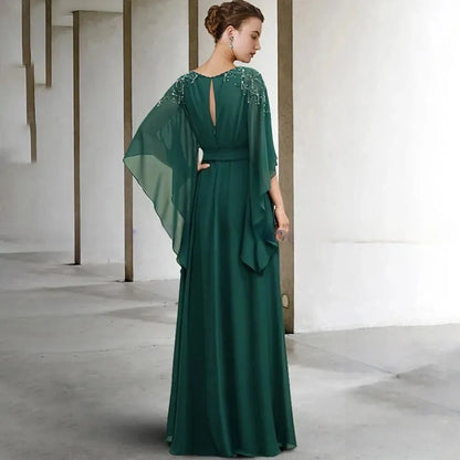 Dark Emerald Beaded Neck Cape Sleeve Belted Chiffon A-Line Formal Evening Gown
