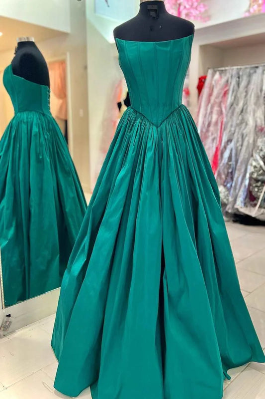 Emerald Green A-Line Prom Dress Strapless Lace-Up Back