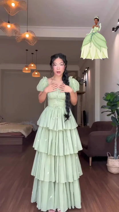 Enchanted A-Line Sweetheart Puff-Sleeve Tiered Chiffon Mint Green Floor-Length Evening Dress for Women