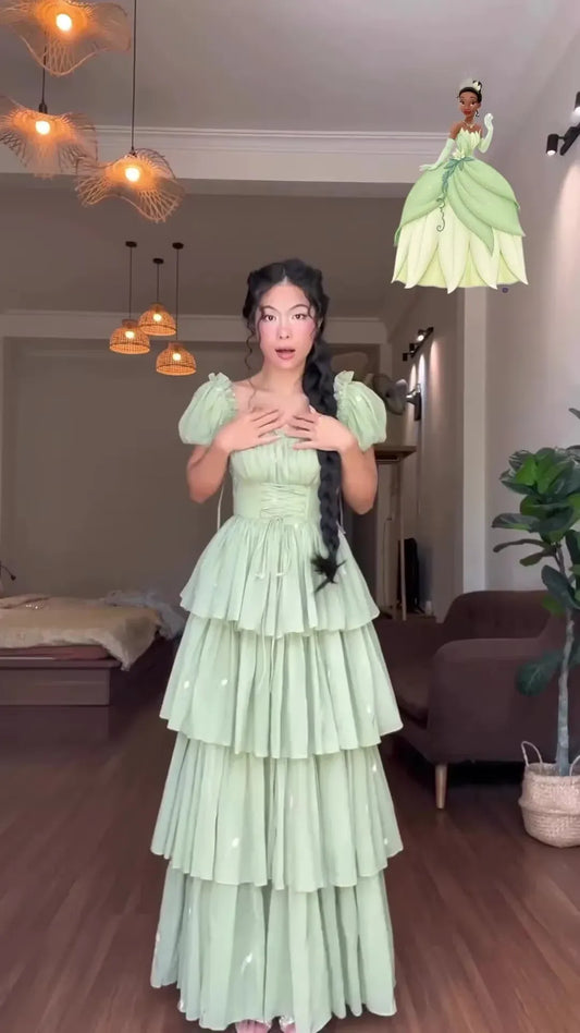 Enchanted A-Line Sweetheart Puff-Sleeve Tiered Chiffon Mint Green Floor-Length Evening Dress for Women