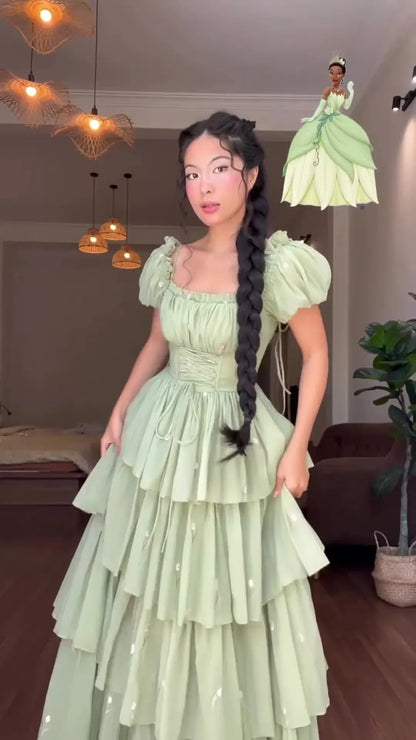 Enchanted A-Line Sweetheart Puff-Sleeve Tiered Chiffon Mint Green Floor-Length Evening Dress for Women