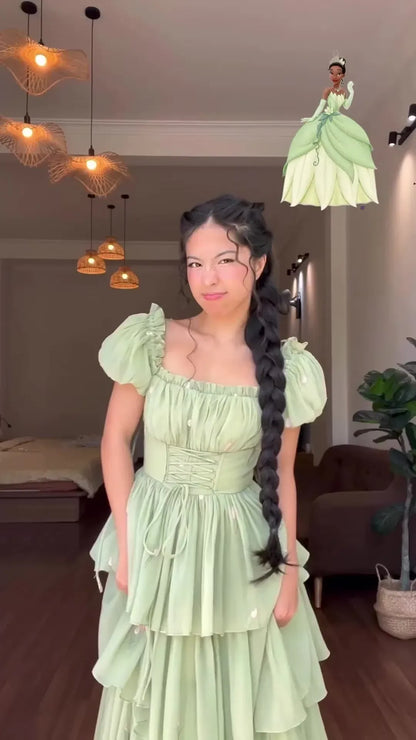 Enchanted A-Line Sweetheart Puff-Sleeve Tiered Chiffon Mint Green Floor-Length Evening Dress for Women