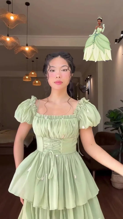 Enchanted A-Line Sweetheart Puff-Sleeve Tiered Chiffon Mint Green Floor-Length Evening Dress for Women