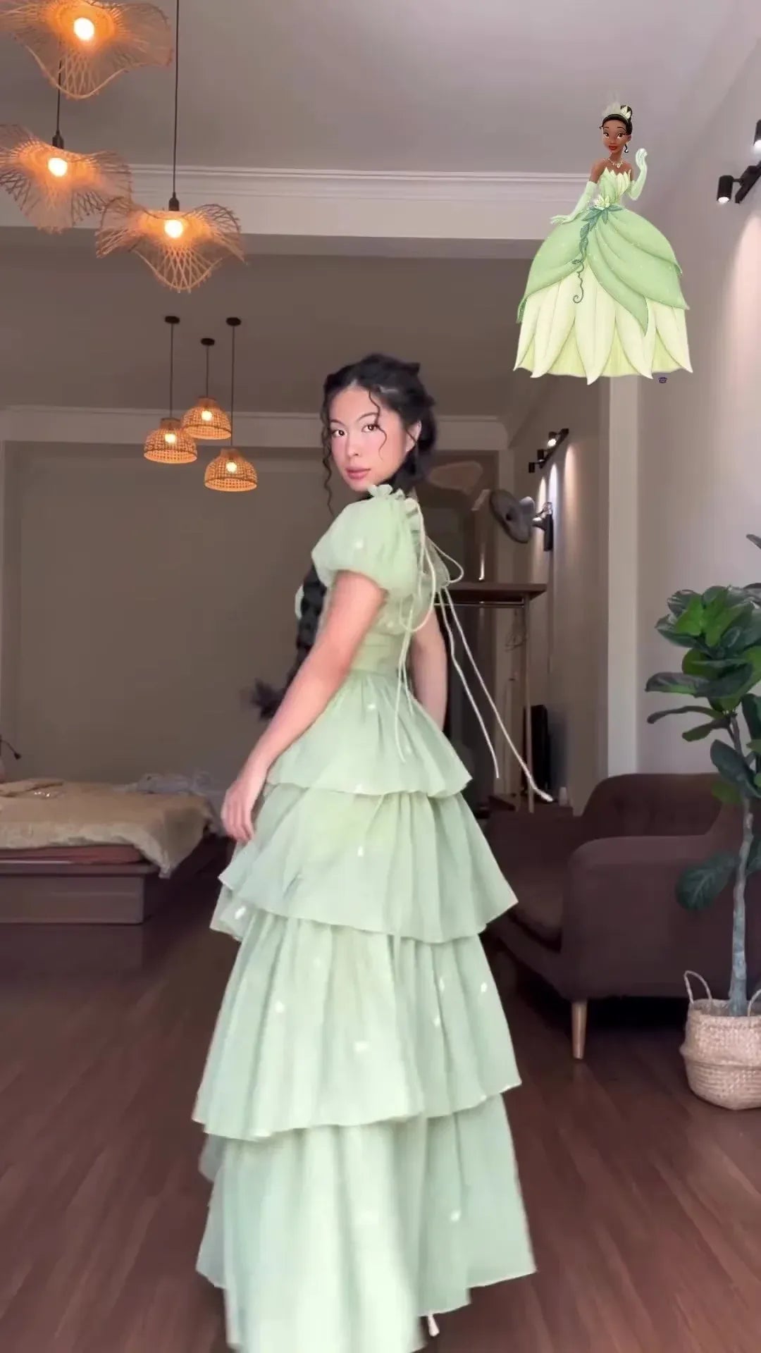 Enchanted A-Line Sweetheart Puff-Sleeve Tiered Chiffon Mint Green Floor-Length Evening Dress for Women