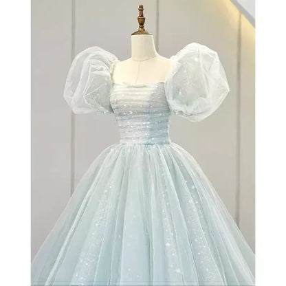 Enchanted Ballgown Square-Neck Short-Sleeve Glitter-Accented Dusty-Blue Maxi Prom Dress for Women Custom