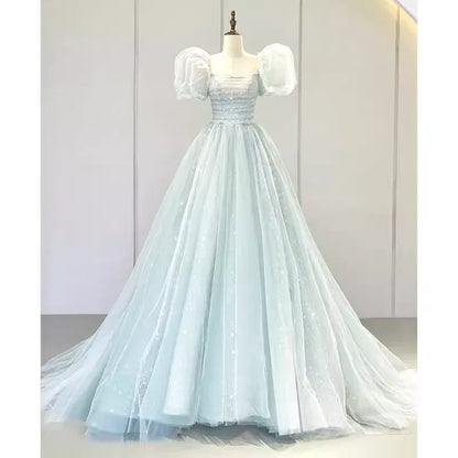 Enchanted Ballgown Square-Neck Short-Sleeve Glitter-Accented Dusty-Blue Maxi Prom Dress for Women Custom