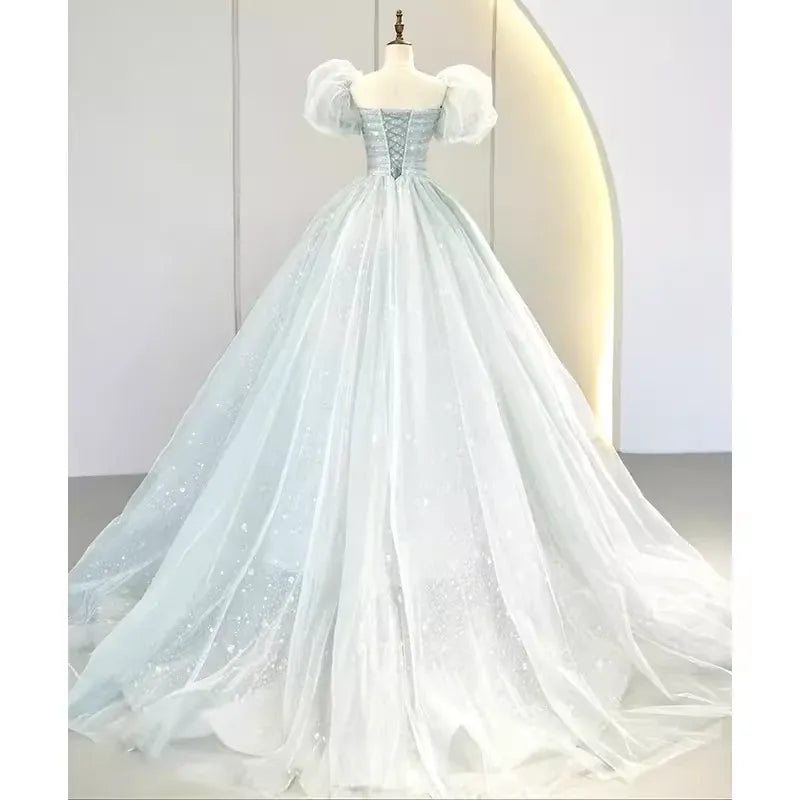 Enchanted Ballgown Square-Neck Short-Sleeve Glitter-Accented Dusty-Blue Maxi Prom Dress for Women Custom