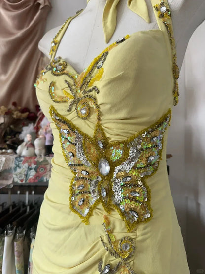 Enchanted Mermaid Halter Neck Beaded Butterfly Yellow Floor-Length Evening Dress for Women