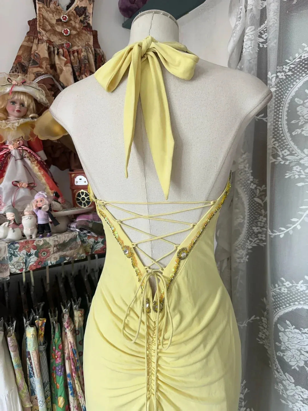 Enchanted Mermaid Halter Neck Beaded Butterfly Yellow Floor-Length Evening Dress for Women