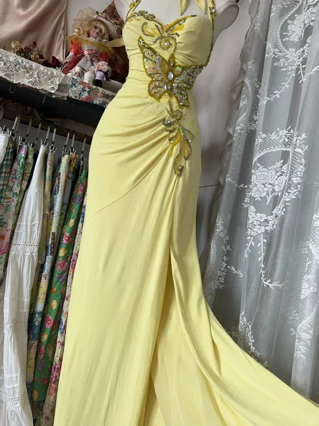 Enchanted Mermaid Halter Neck Beaded Butterfly Yellow Floor-Length Evening Dress for Women