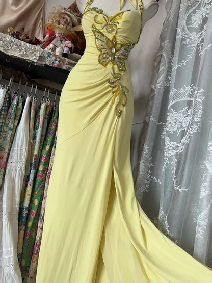 Enchanted Mermaid Halter Neck Beaded Butterfly Yellow Floor-Length Evening Dress for Women