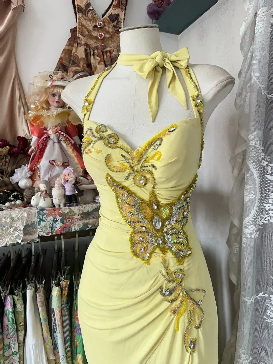 Enchanted Mermaid Halter Neck Beaded Butterfly Yellow Floor-Length Evening Dress for Women