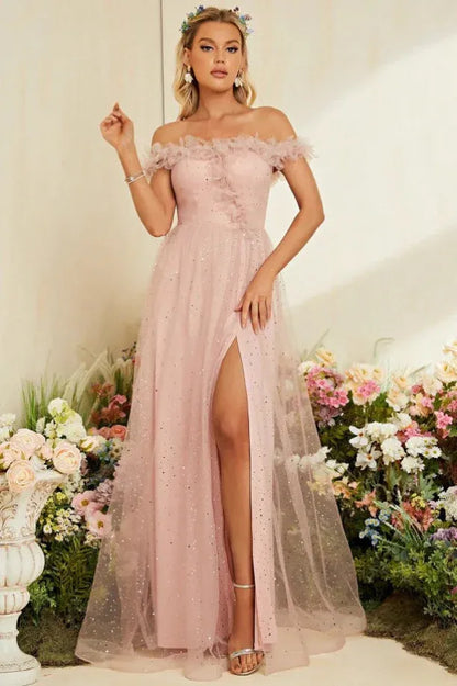 Enchanting A-Line Off-Shoulder Blush Prom Dress with Floral Ruffles and High Slit