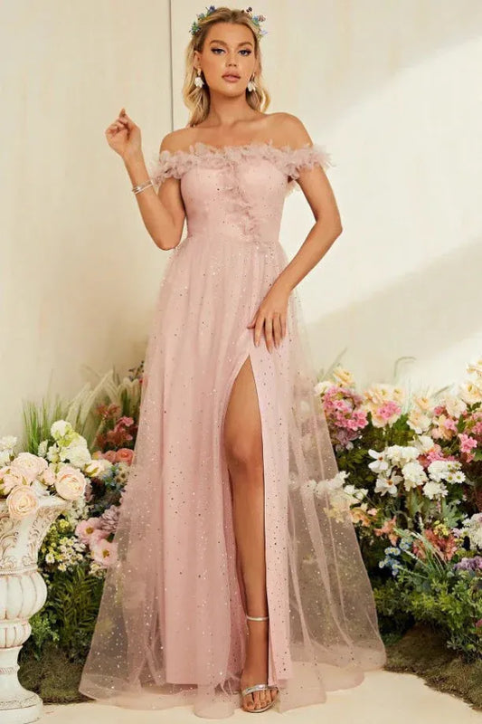 Enchanting A-Line Off-Shoulder Floral Ruffle High Slit Blush Floor-Length Prom Dress