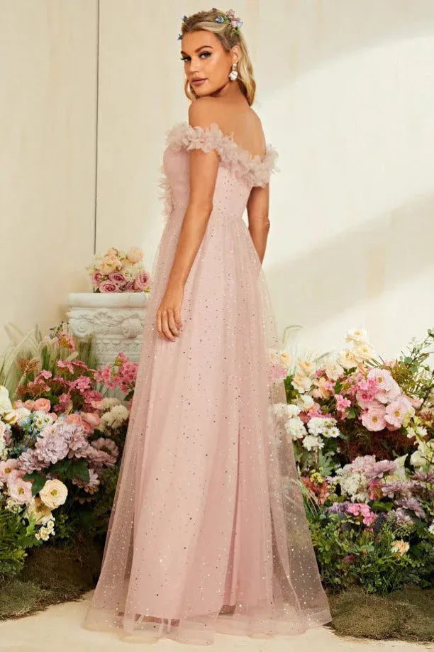 Enchanting A-Line Off-Shoulder Blush Prom Dress with Floral Ruffles and High Slit