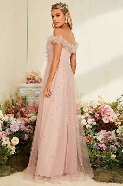 Enchanting A-Line Off-Shoulder Blush Prom Dress with Floral Ruffles and High Slit