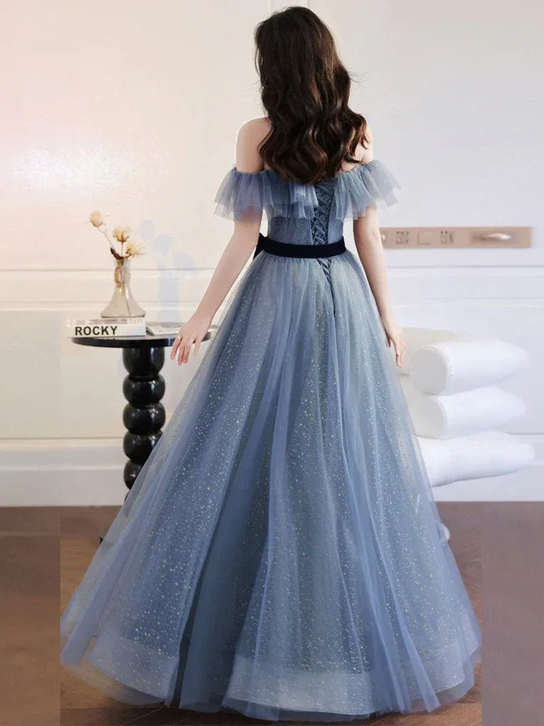 Enchanting A-line Off-the-shoulder Ruffled Glitter Dusty Blue Floor-length Prom Dress for Women Ready to Ship